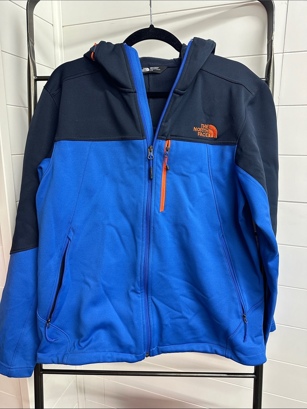 The North Face Blue & Black Hooded Softshell Jacket with Orange Accents